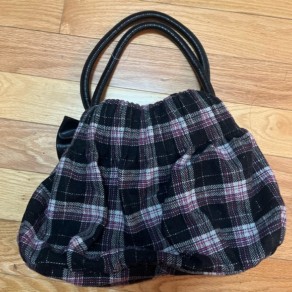Y2K Retro Tweed Plaid Women's Shoulder Bag with Black Bow - Picture 3 of 4